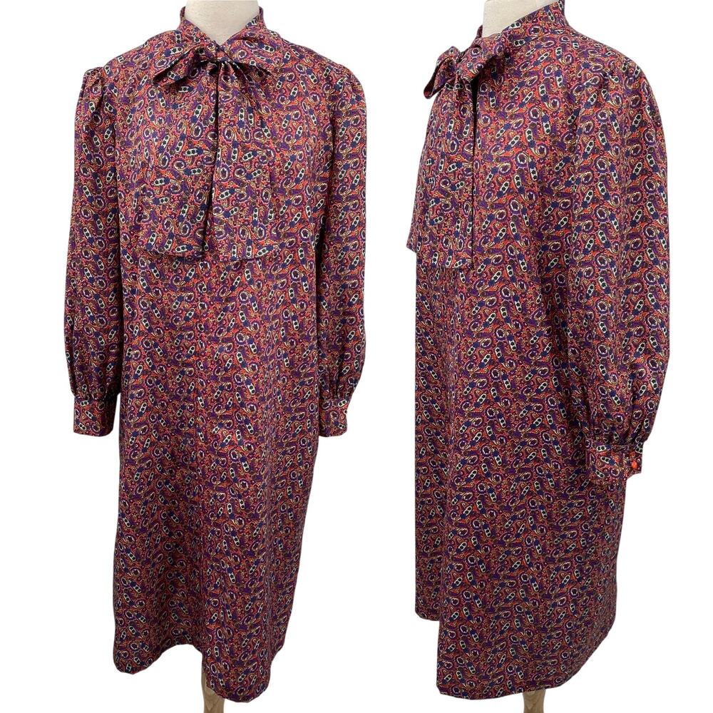 Vintage 70s Paisley Tie Front Mini Shirt Dress Long Sleeve Shift Orange Purple L